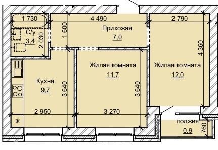 Пример планировки 2-комнатной квартиры в ЖК "Карамель"