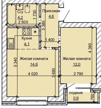 Пример квартиры е европланировкой (2 комнаты, ЖК "Карамель")