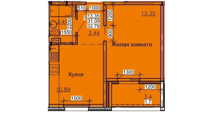ЖК "Камелот". Планировка 1-комнатной квартиры 32 м².