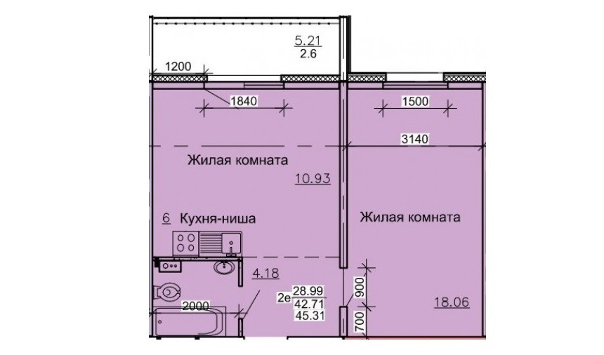 ЖК "Камелот". Планировка 2-комнатной студии 45 м².