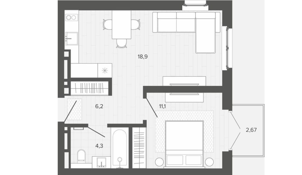 ЖК "Вышка". Планировка 1-комнатной квартиры площадью 43,17 м².