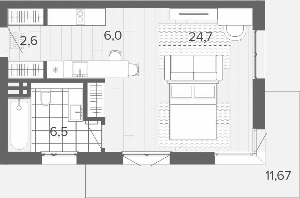 ЖК "Вышка". Планировка 1-комнатной студии площадью 51,47 м²