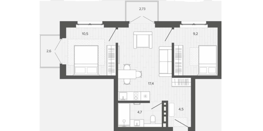 ЖК "Вышка". Планировка 2-комнатной квартиры площадью 51,63 м².
