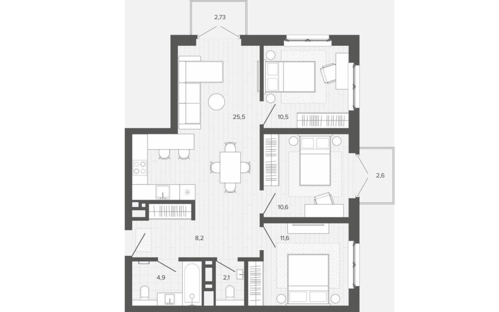 ЖК "Вышка". Планировка 3-комнатной квартиры площадью 78,73 м².