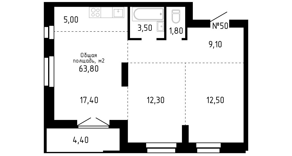 ЖК "Смарт". 3-комнатная студия 63 м²