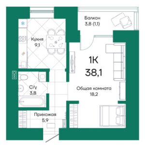 ЖК Широта. 1-комнатная квартира 38 м