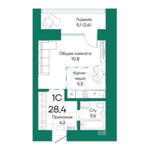 ЖК Широта. 1-комнатная студия 28 м
