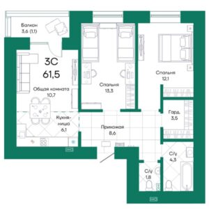 ЖК "Широта". 3-комнатная студия 61 м²