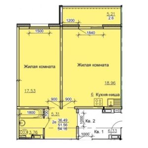 ЖК "Камелот". 2-комнатная студия 54 м²