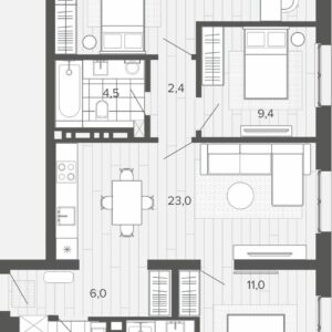 ЖК "Вышка". 4-комнатная студия 80,5 м² без балкона