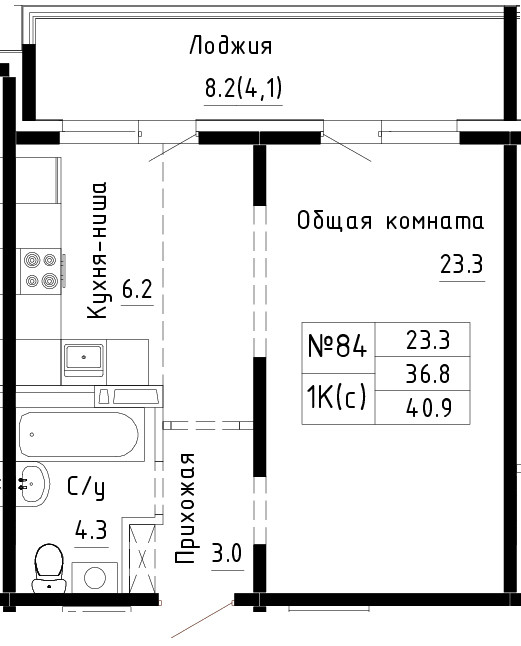 ЖК Спектр. Мельникова, 3. 1-комнатная квартира 40,9 м