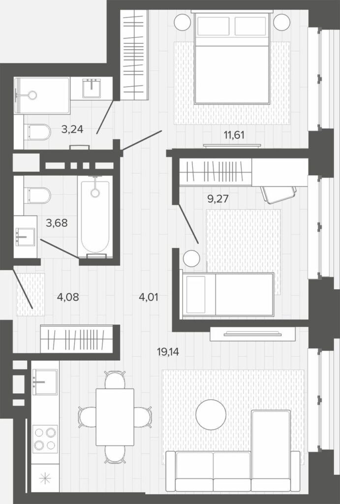 ЖК Меланж. 3-комнатная студия 55,04 м без балкона