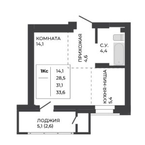 ЖК Павлов. 1-комнатная студия 31,1 м