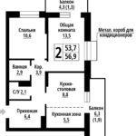 Родные берега. Промышленная, 10. 2-комнатная квартира 56,9 м