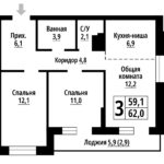 Родные берега. Промышленная, 10. 3-комнатная студия 62 м