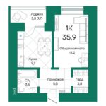 ЖК Широта. 1-комнатная квартира 35,9 м